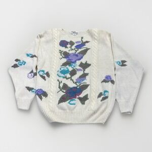 Vintage Floral Sweater Womens M White Cotton Knit Retro 80s 90s Grandmacore